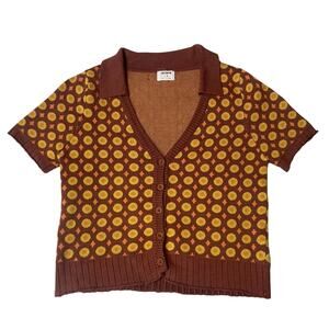 Cotton On Mid Century Style Retro Brown Printed Button Up Short Sleeve Top Large